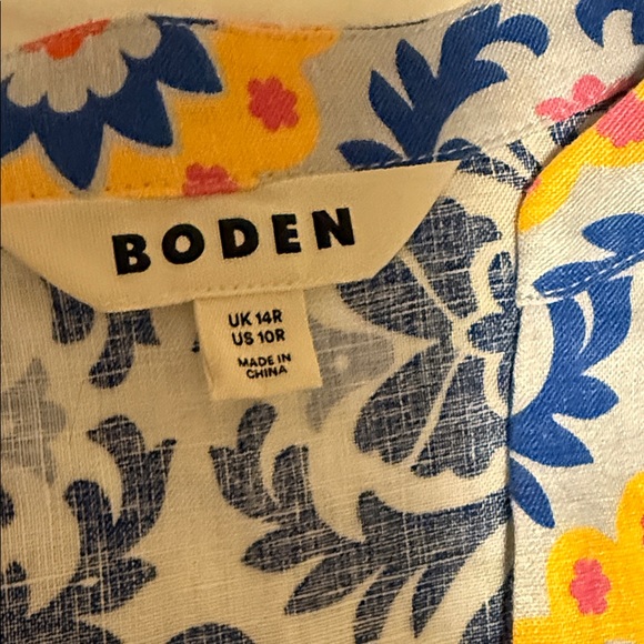 Boden Linen Floral Blue and White Long Sleeve Dress with Flowered Trim & Belt - Picture 2 of 4